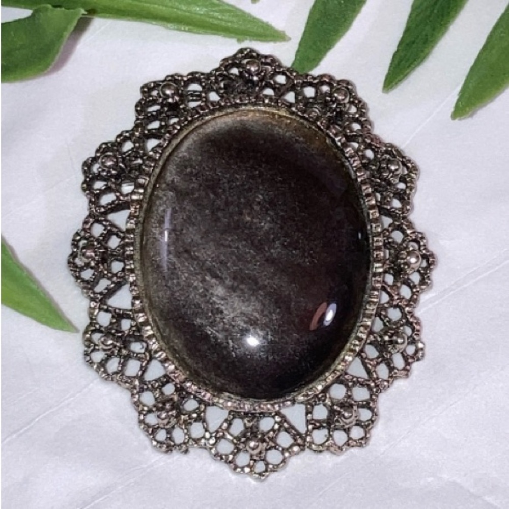 Ornate Vintage Oval Brooch Pin Pendant Large Smoky Stone Gothic Victorian